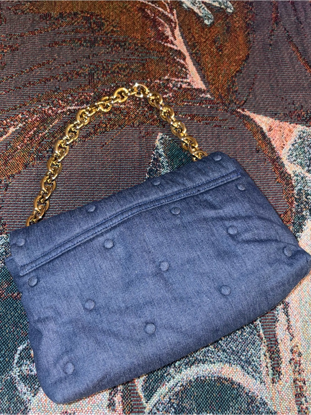 Quilted Denim Shoulder Bag with Gold Chain Strap - Navy - Picture 2 of 3